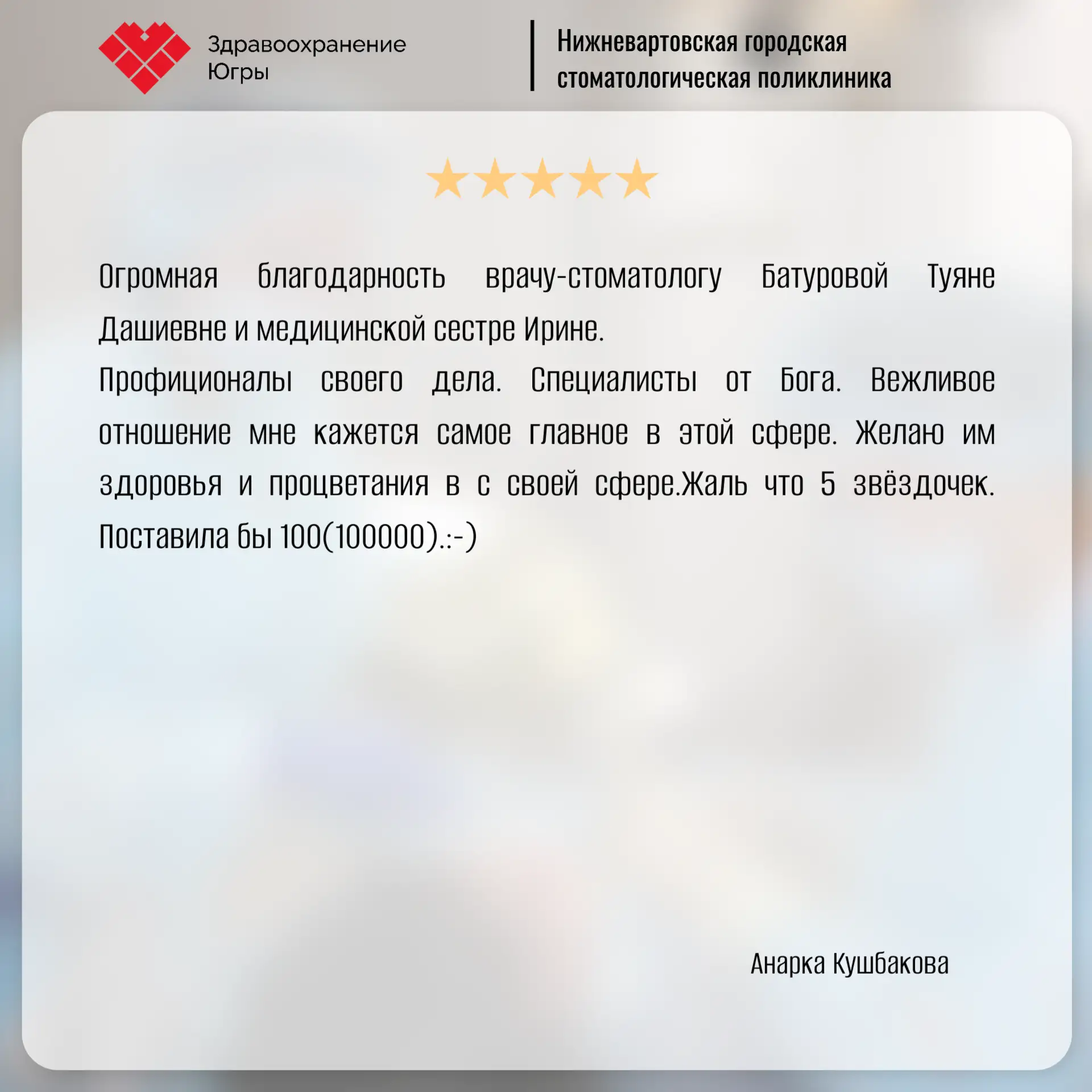 Благодарим за высокую оценку труда сотрудников учреждения!