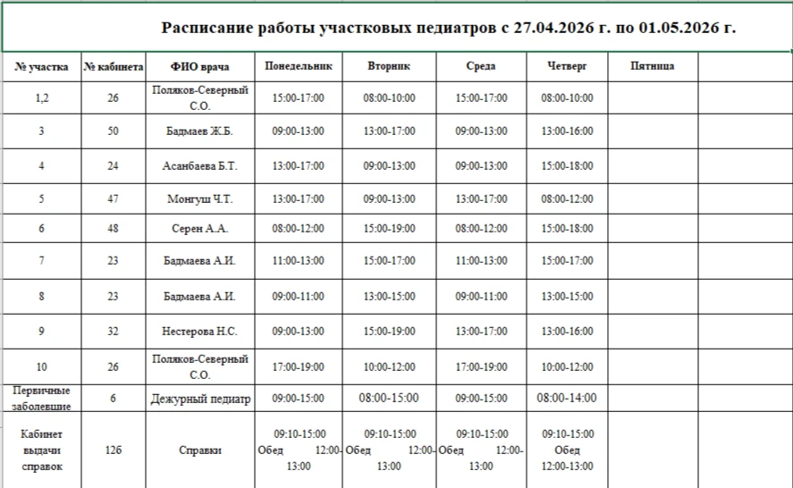 🥼🕐Расписание работы специалистов с 27.04.2026 г. по 30.04.2026 г.