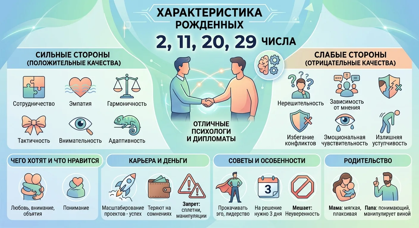 Слабые и сильные стороны
рожденных 2, 11, 20 или 29

Вы отличные психологи и дипломаты. Сознание нап