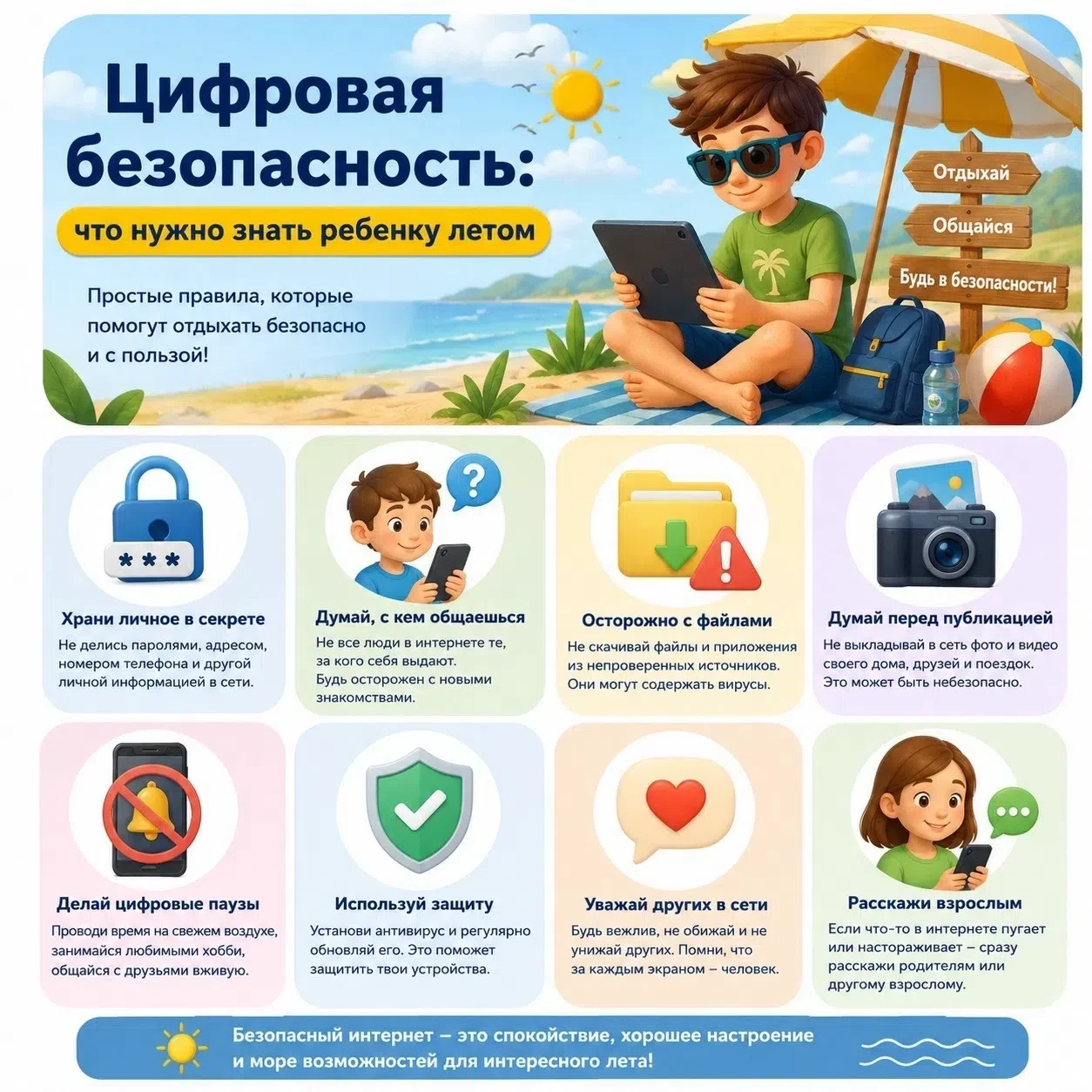 ✨Летние каникулы — время отдыха, новых друзей и интересных открытий в интернете. Но важно помнить о 