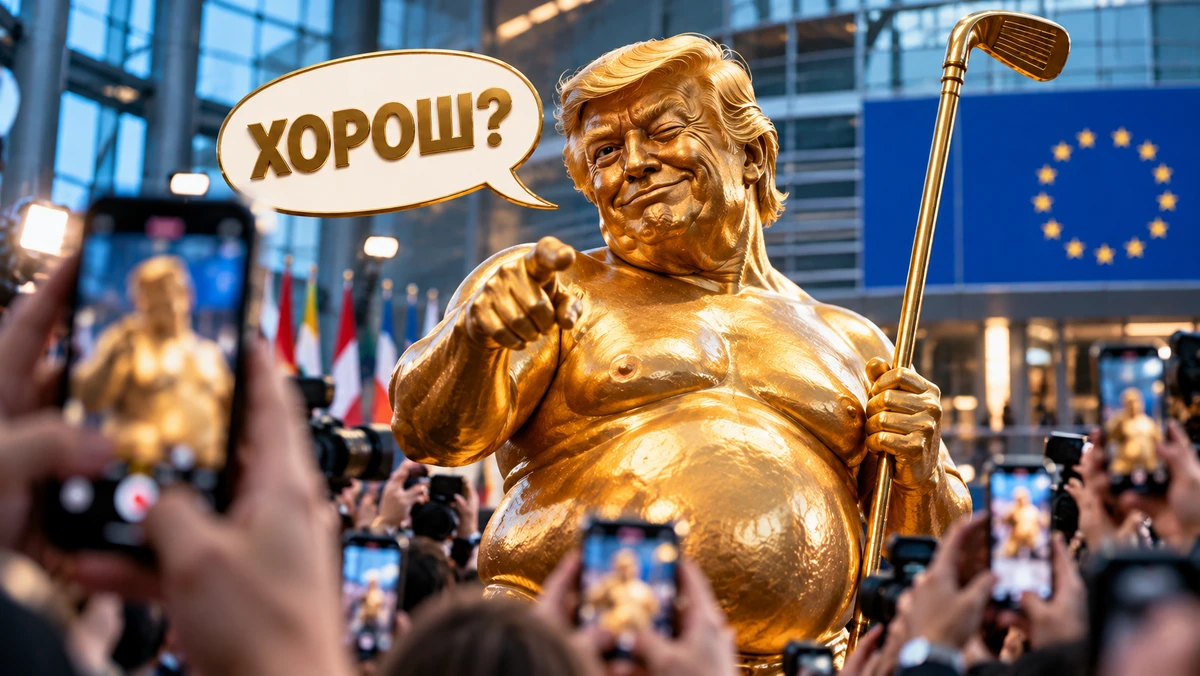 В Европарламенте открыли золотую статую обнажённого Трампа с клюшкой для гольфа