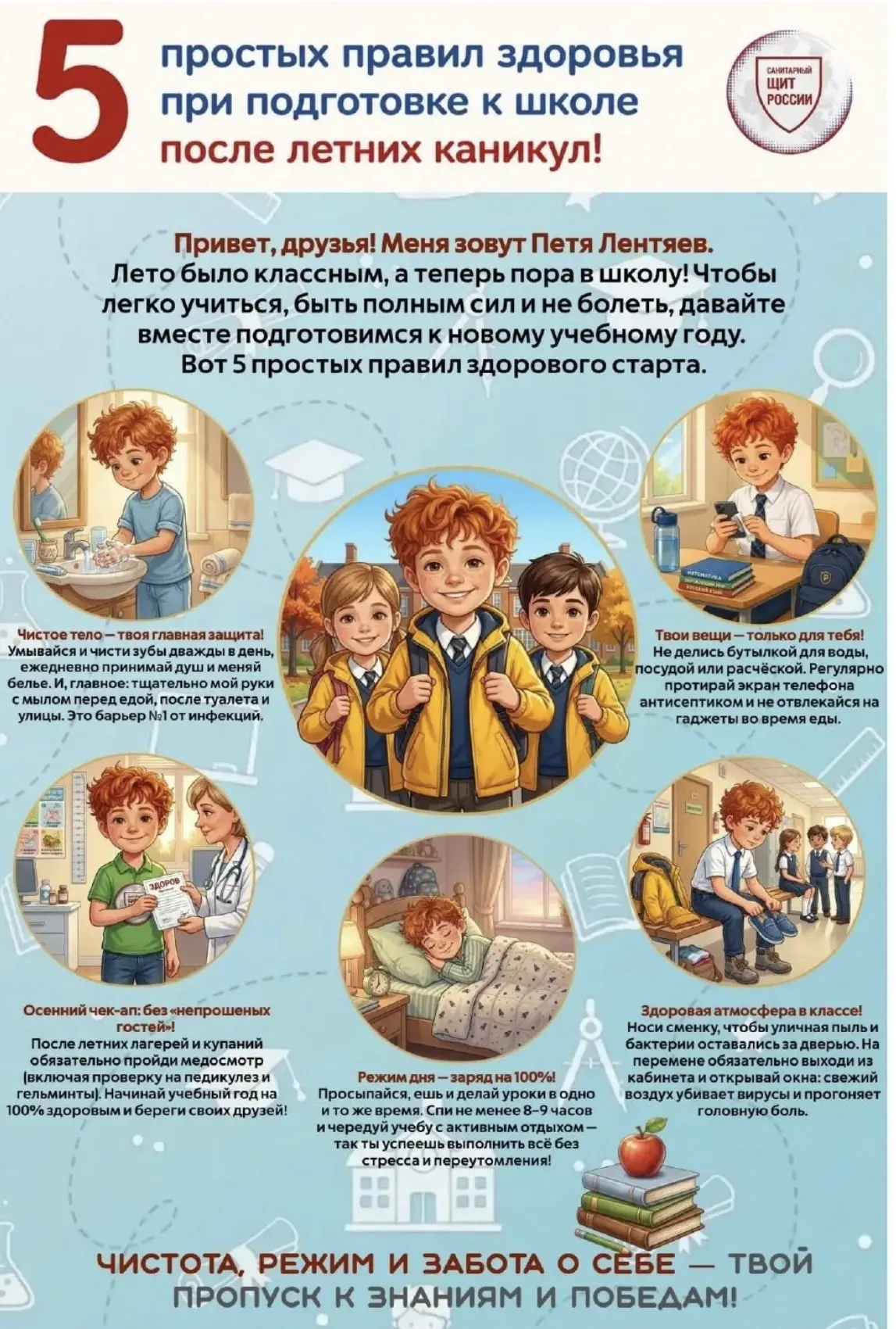 Пять простых правил здоровья при подготовке к школе после летних каникул от Пети Лентяе...