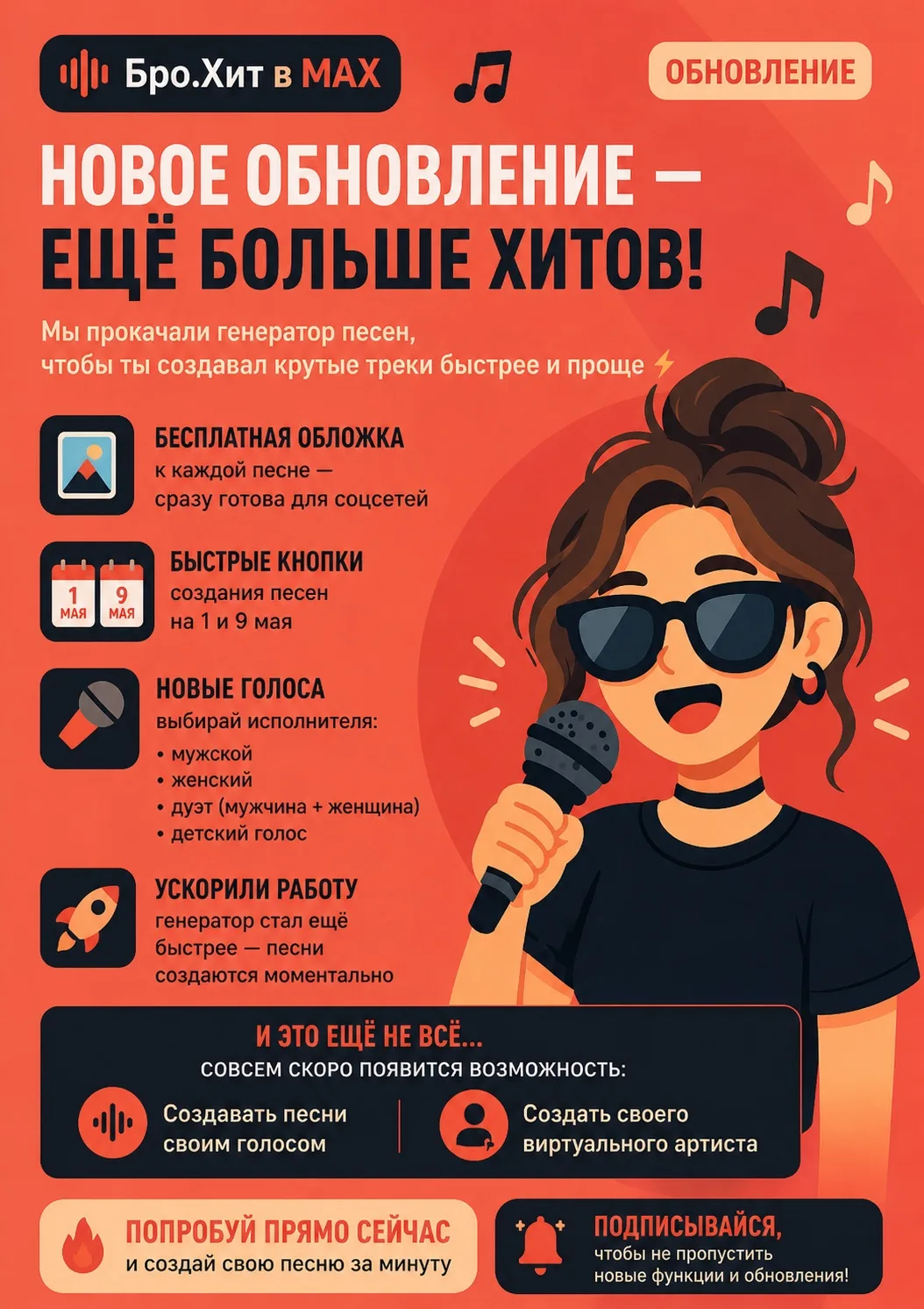🔥 Обновление в генераторе песен Бро.Хит!  Мы прокачали бота — теперь сделать песню стало ещё проще, 