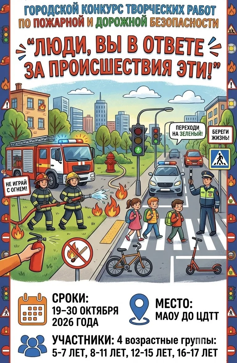 📢 Городской конкурс творческих работ по пожарной и дорожной безопасности «Люди, вы в о...