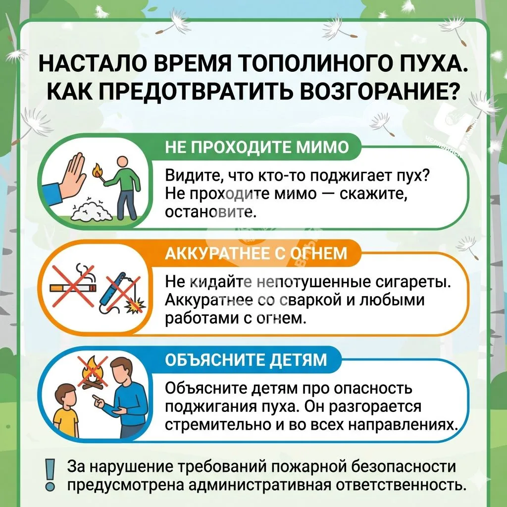 🌳 Настало время тополиного пуха. Как предотвратить возгорание? 

За нарушение требований пожарной б
