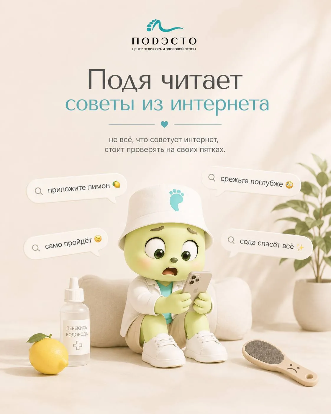 Подя читает советы из интернета…

— «приложите лимон» 
— «натрите пятки содой»
— «это не вросший ног