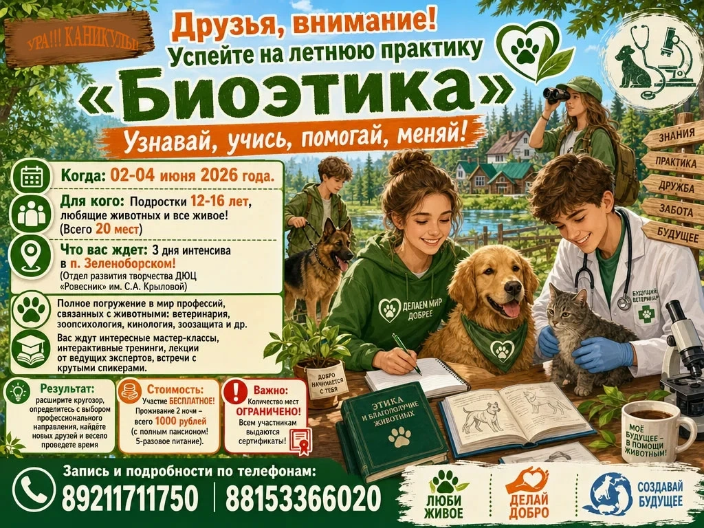 🐾 Стань участником профориентационной практики «Биоэтика» в Зеленоборском!