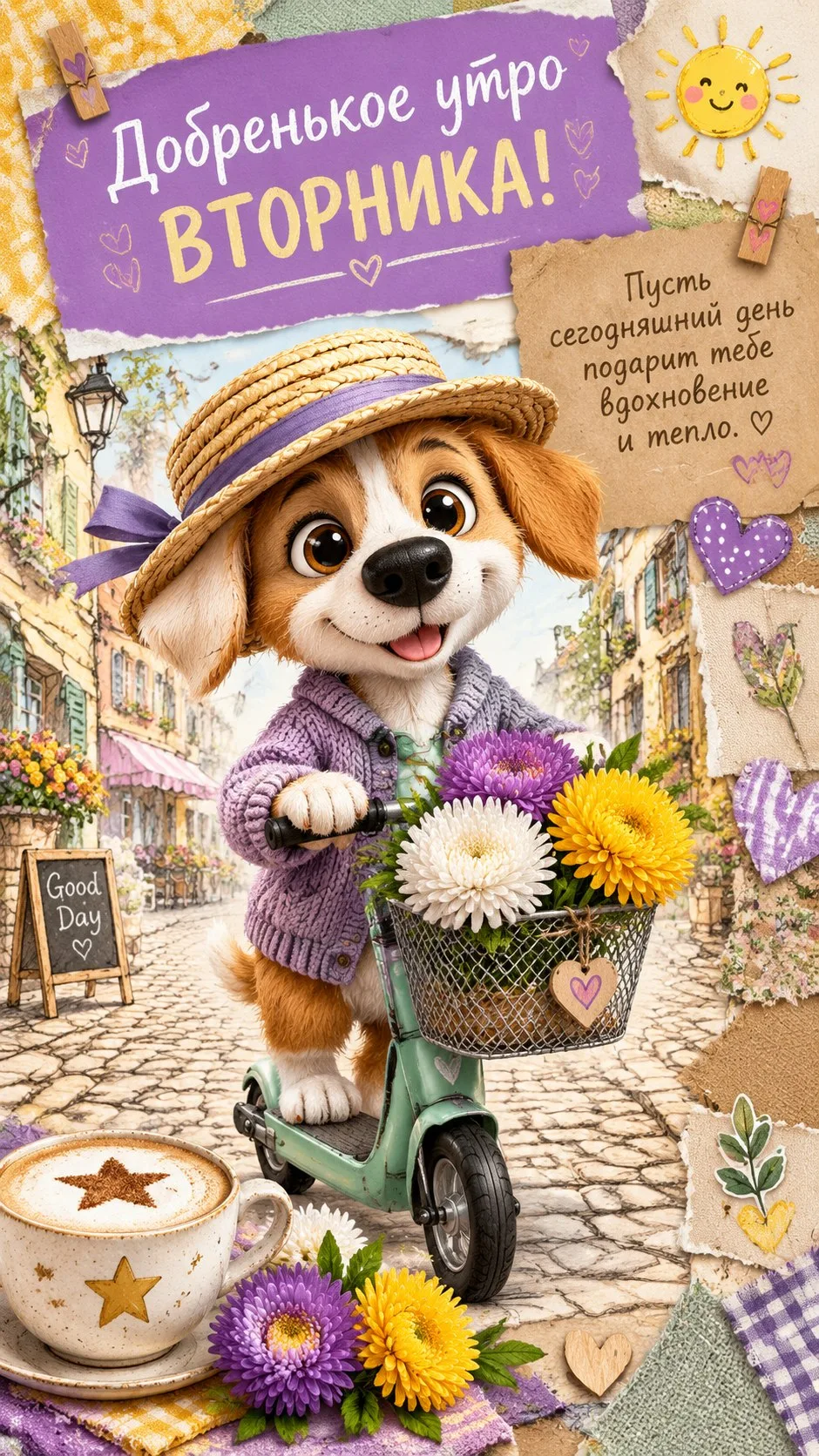 Отличного начала дня! 🌞☕️ Вторник дарит тепло и вдохновение! 🐶🚲💐