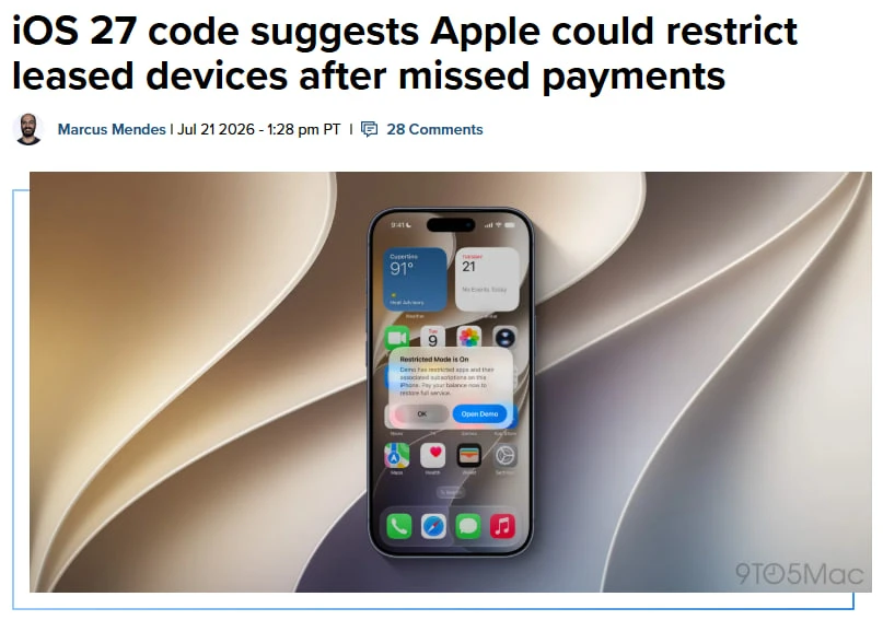 Apple заблочит телефон, если владелец перестанет выплачивать кредит — в бета-версии iOS...