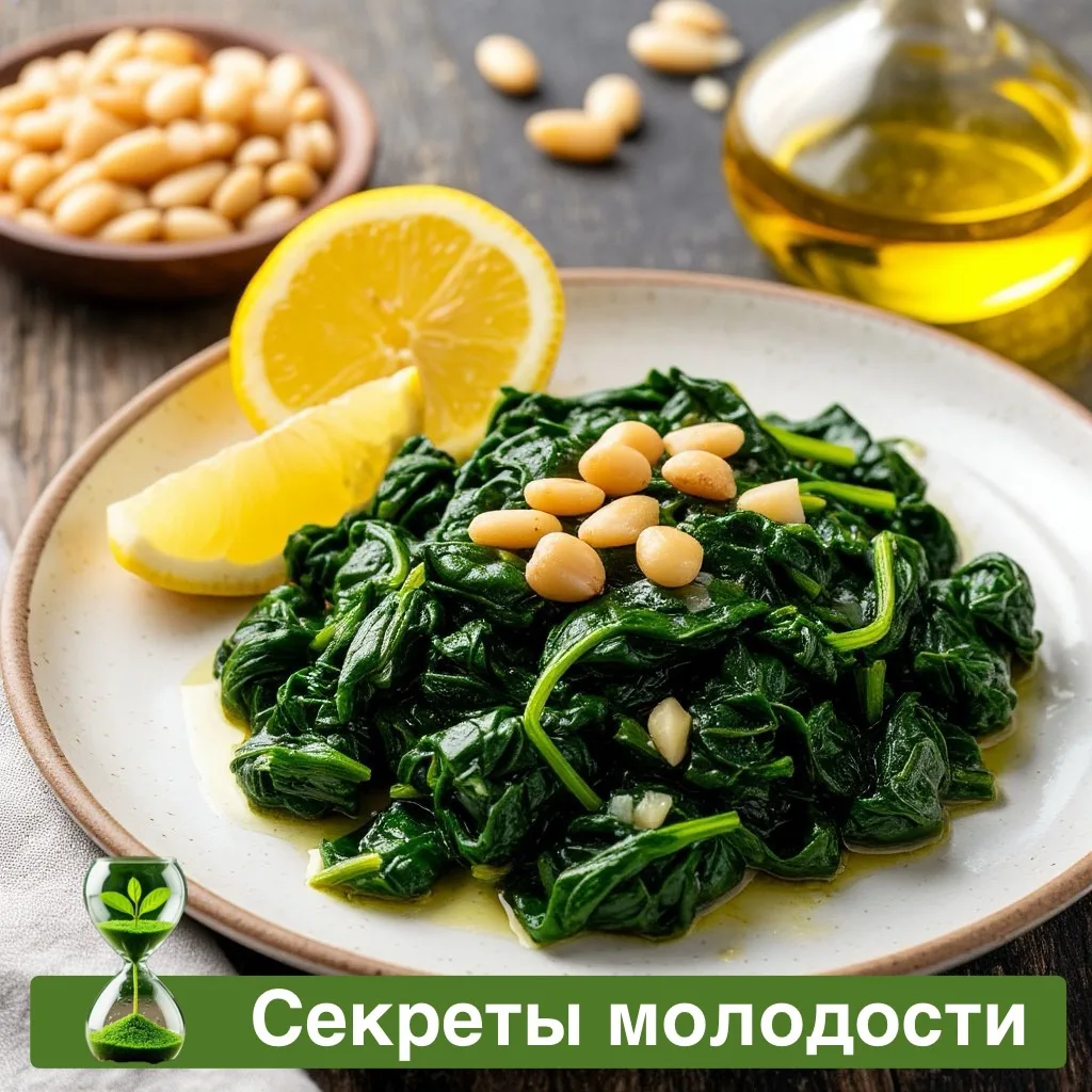 Шпинат с кедровыми орешками — железо и омега-3 для густых волос и свежего цвета лица.