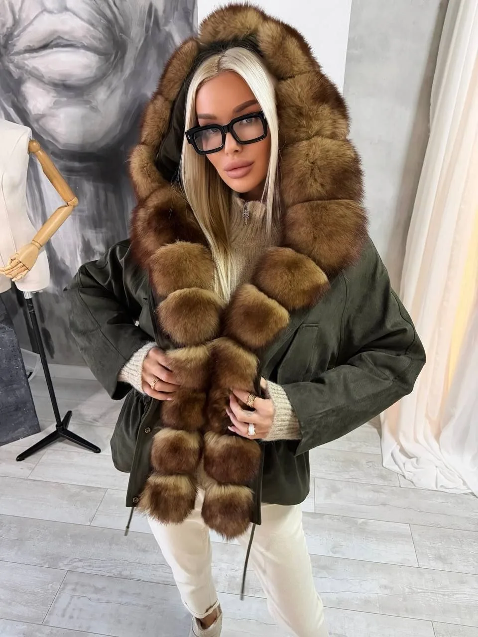 MaxMara парка из фактурной замши с натуральным сьемным мехом песца