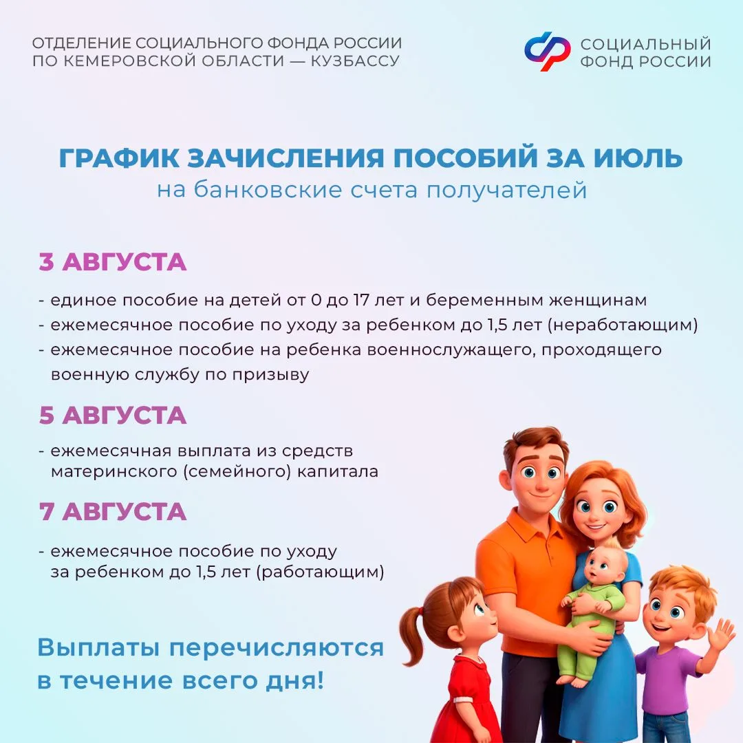 📋 График выплат детских пособий и пенсий в августе

💡Отделение СФР по Кемеровской области напомина
