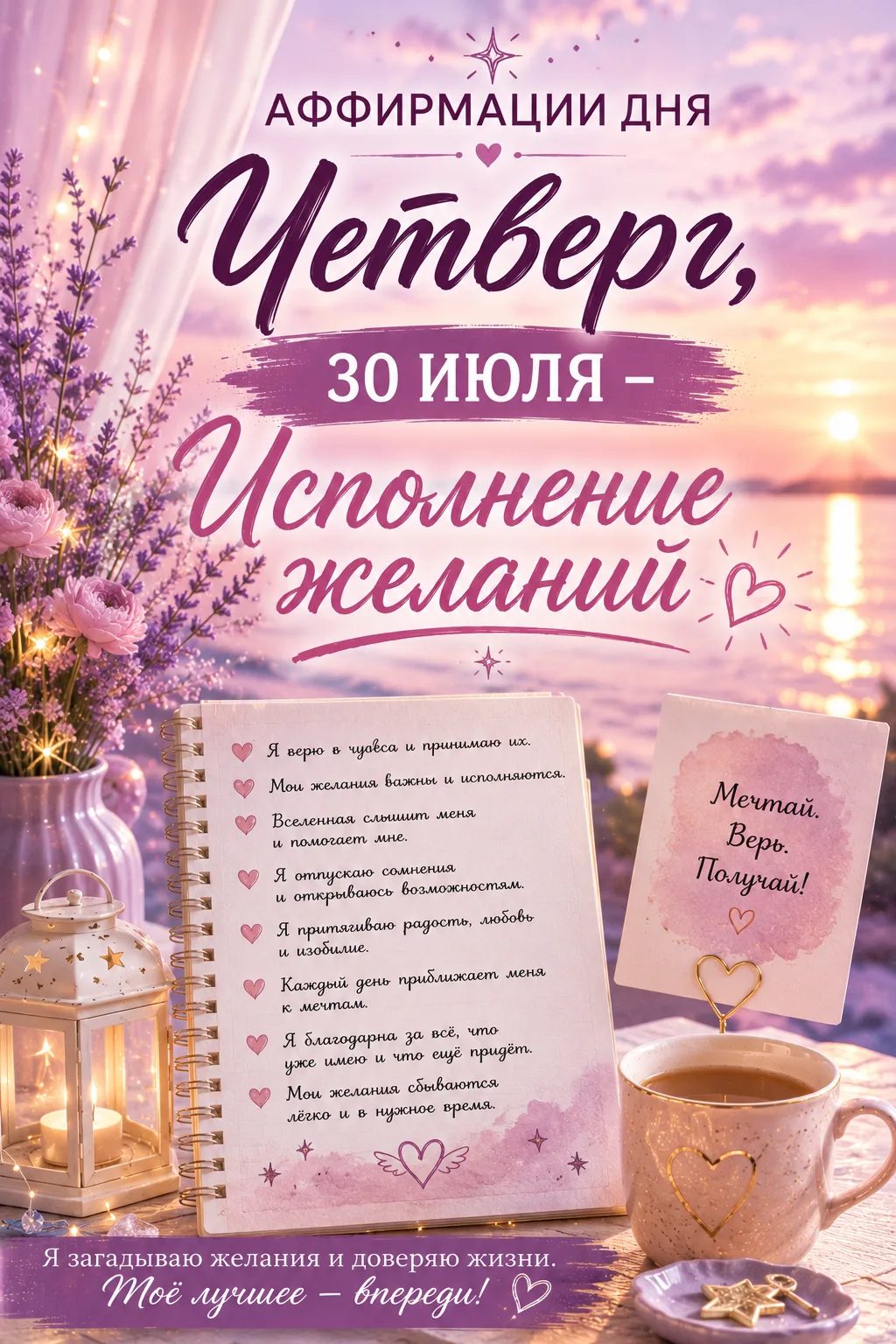🔥 Аффирмации дня

🌷 Четверг, 30 июля — Исполнение желаний

Мои мечты становятся реальностью ✨

Я о
