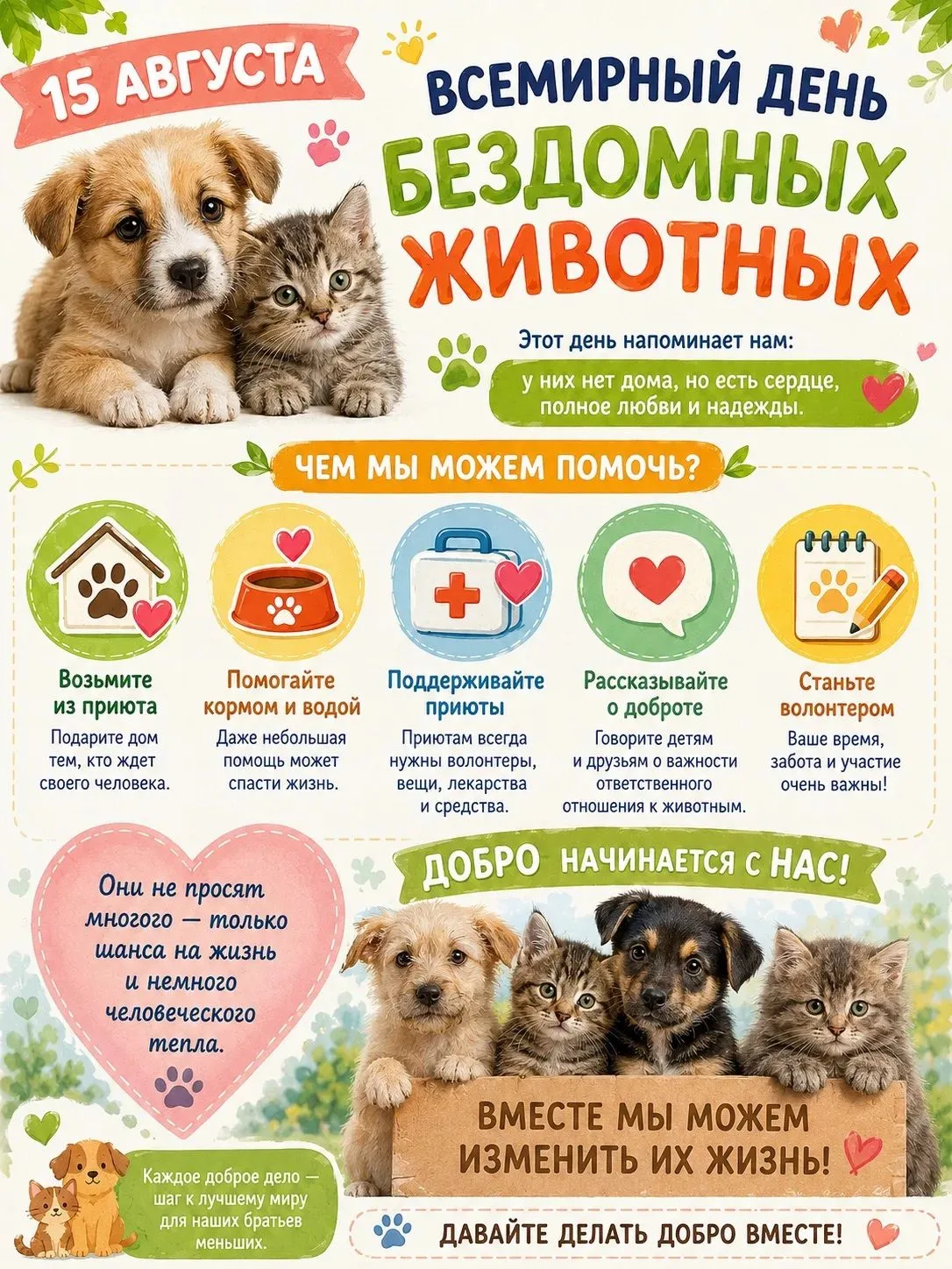 15 августа, - Всемирный День бездомных животных🐈🐈‍⬛🐕