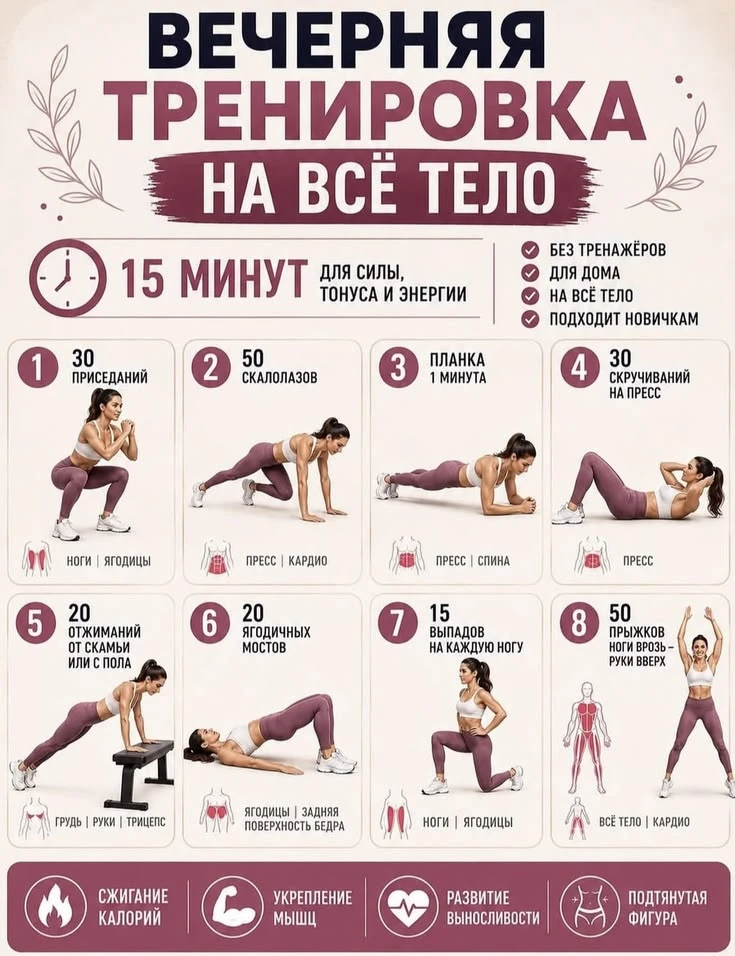 15 минут, всё тело, ни одного тренажёра — идеальный вечерний комплекс