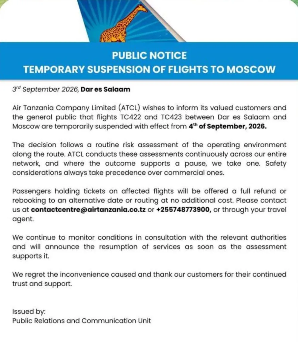 Air Tanzania приостановит полеты в Россию из-за «проблем с безопасностью».