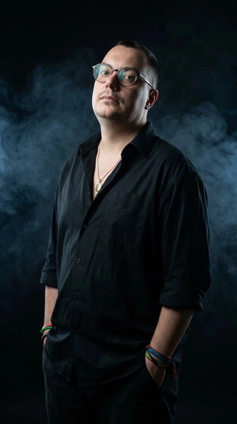 The man stands in profile, slightly turned toward the camera, his chin raised, looking ...