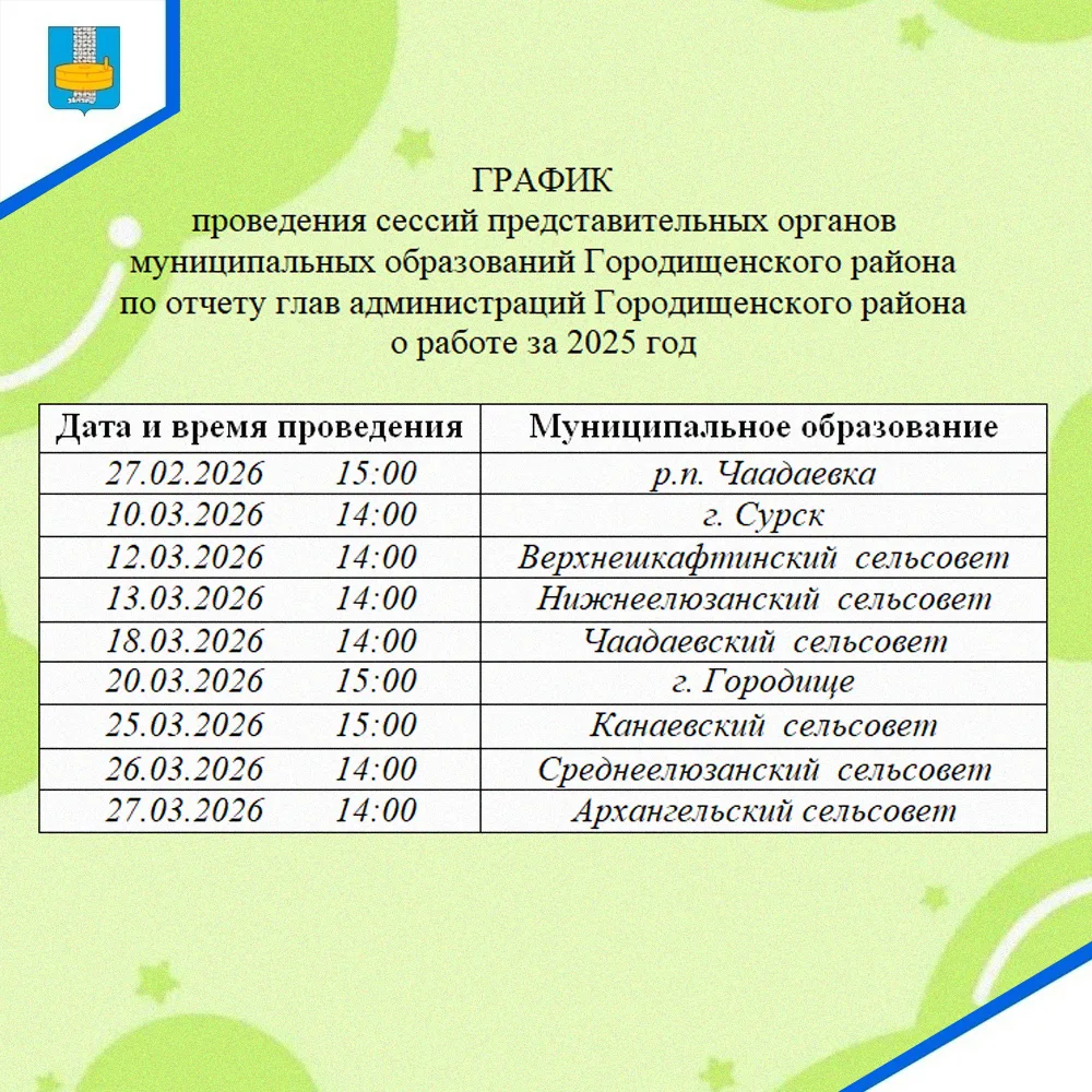 ✅ График проведения сессий представительных органов муниципальных образований Городищен...