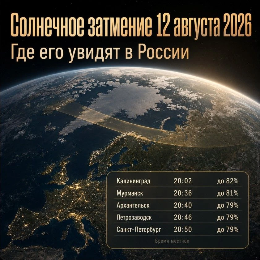 🌗 12 августа 2026 года в некоторых регионах РФ на закате можно будет увидеть солнечное...