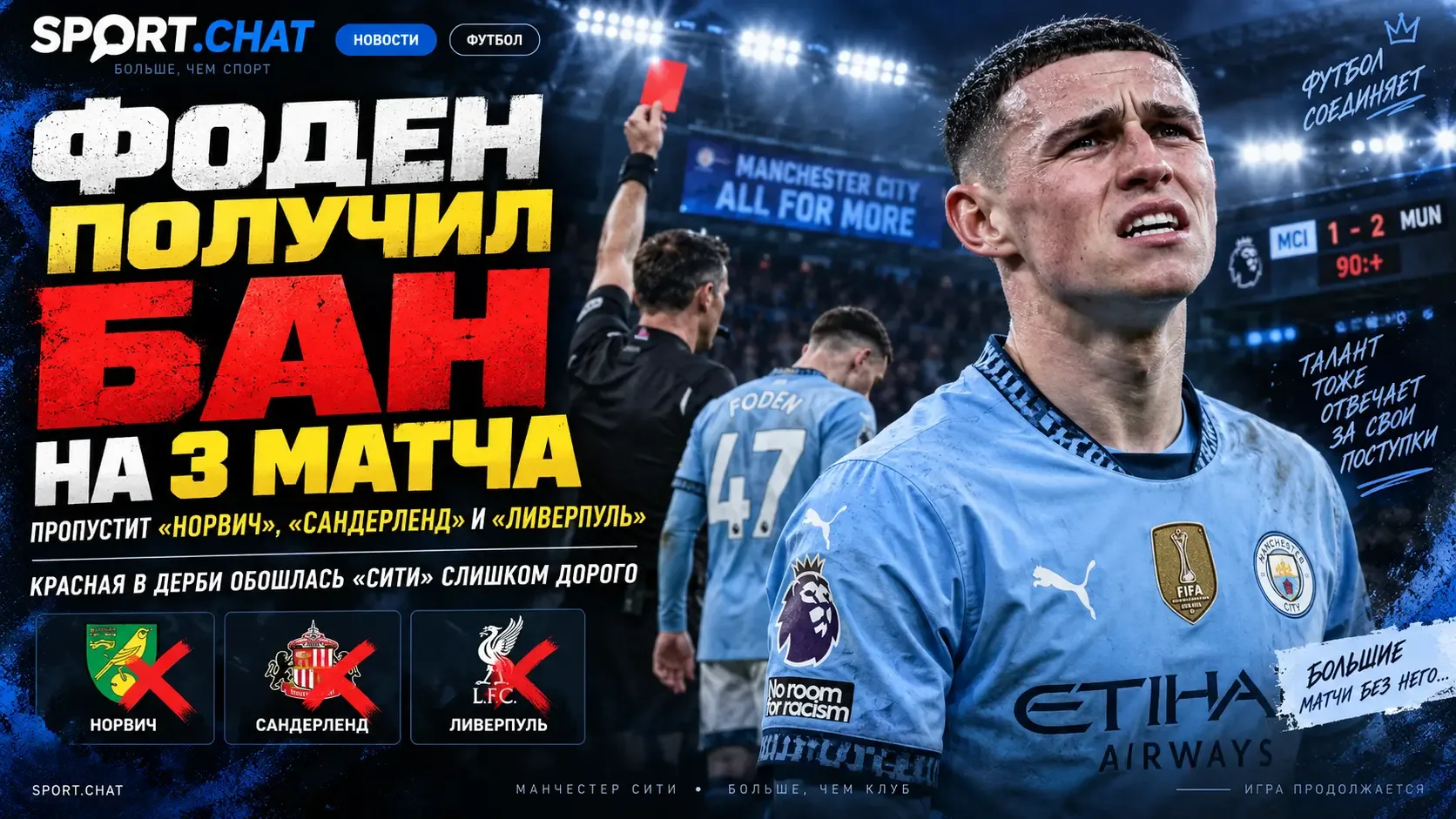 Фоден поплатился за дерби: три матча дисквалификации — звезда «Сити» пропустит битву с ...
