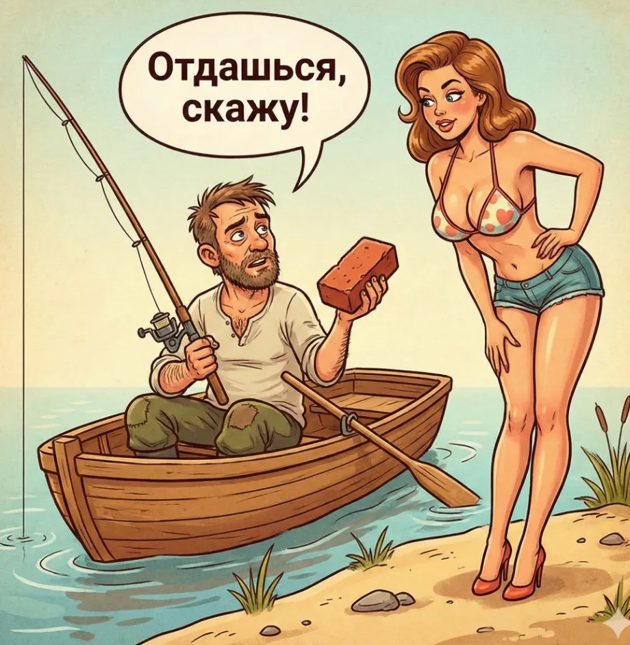 Сидит мужик в лодке около берега ловит рыбу, в одной руке удочку держит, а в другой кирпич! Проходит