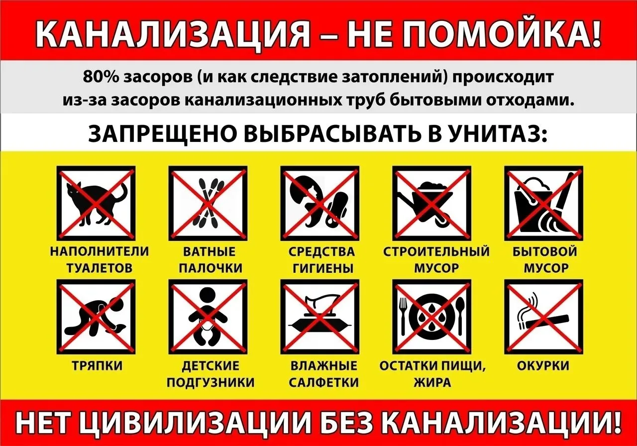 ❗ООО "Водоканал» напоминает, что канализация создана для отведения сточных вод, а не для утилизации 