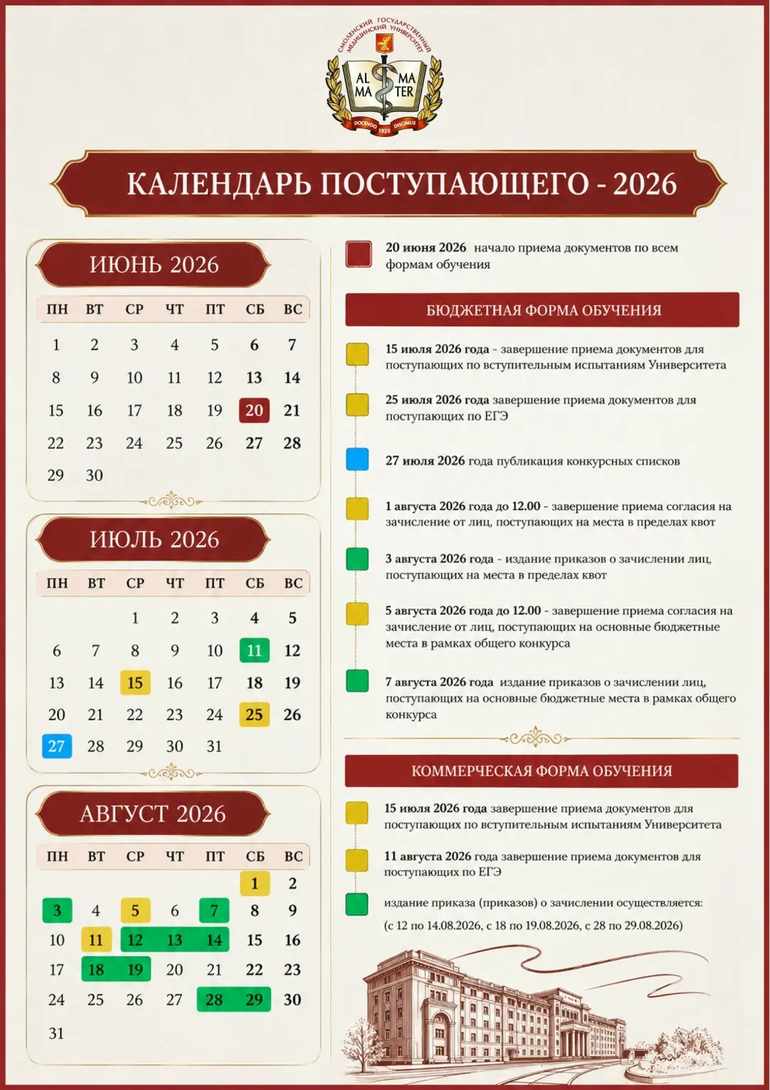 КАЛЕНДАРЬ ПОСТУПАЮЩЕГО В СГМУ В 2026 ГОДУ.

Более подробная информация во вкладке "Абитуриенту": htt