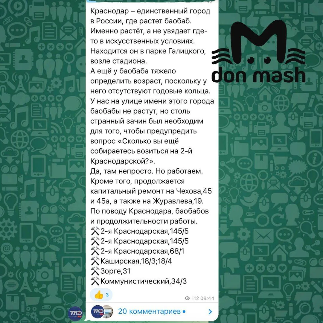 Баобаб. Мы не кликбейтим, а цитируем соцсети "Теплокоммунэнерго", которое занимается починкой труб н