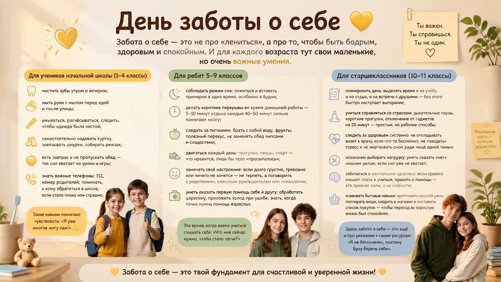 День заботы о себе  💛

Забота о себе — это не про «лениться», а про то, чтобы быть бодрым, здоровым