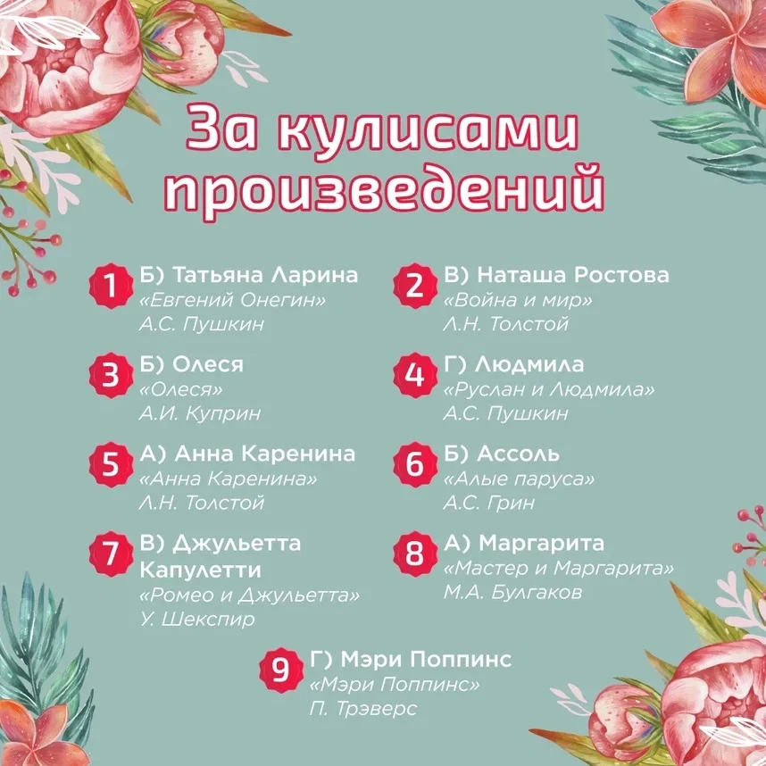 А вот и верные ответы! Благодарим каждого за участие в литературной викторине и поздравляем победите