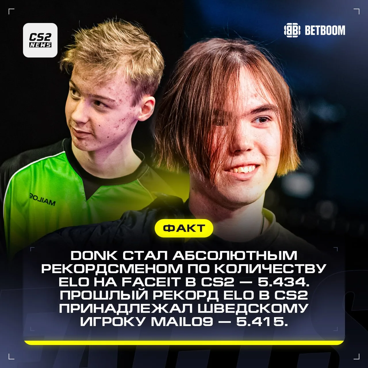 ⬆️ 🇷🇺 donk продолжает ставить рекорды, в этот раз на FACEIT ─ 5.434 ELO.

➡️ Данилу удалось переби