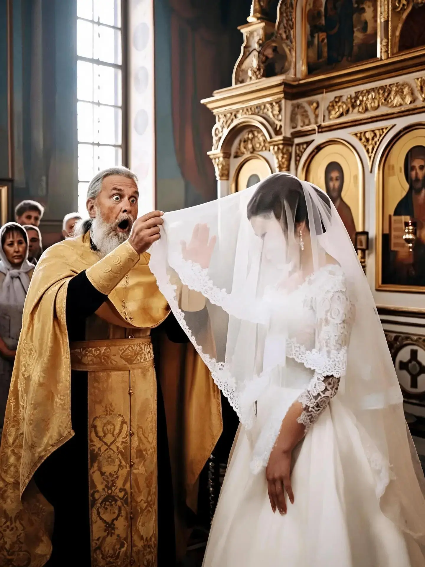 В день венчания священник решил поднять фату невесты, и то, что он увидел повергло его в шок …
 Это 