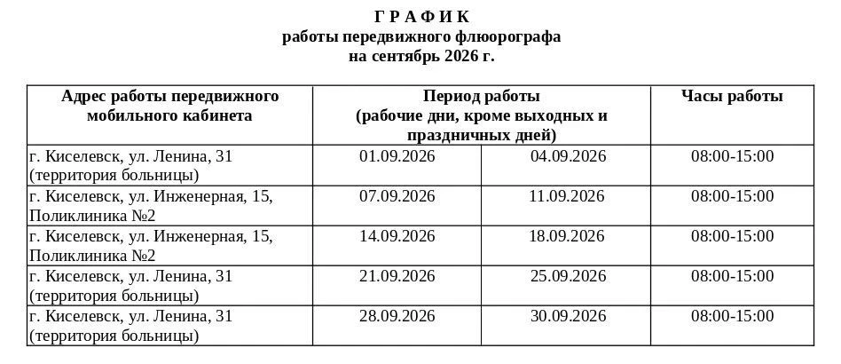 График работы передвижного флюорографа и маммографа на сентябрь 2026 года.