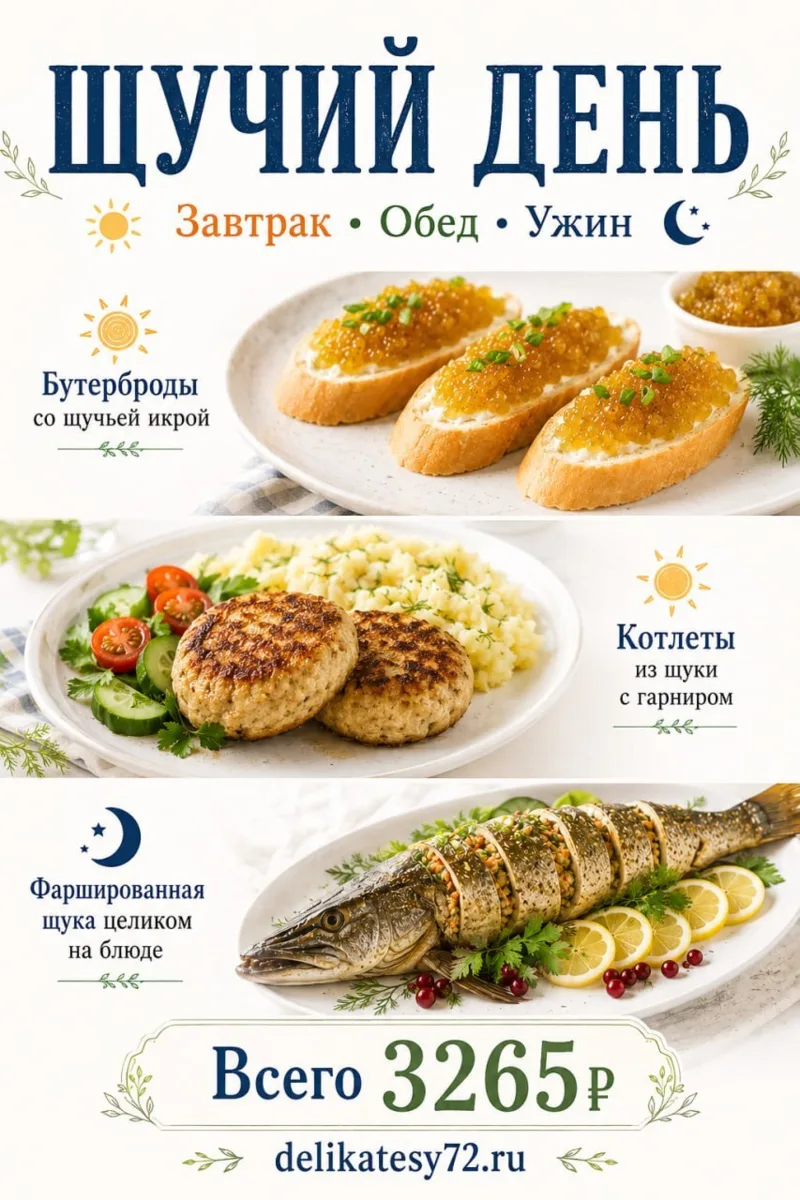 🐟 ЩУЧИЙ ДЕНЬ НА 4-6 ЧЕЛОВЕК

🌅 Завтрак — бутерброды со щучьей икрой
☀️ Обед — котлеты из щуки с