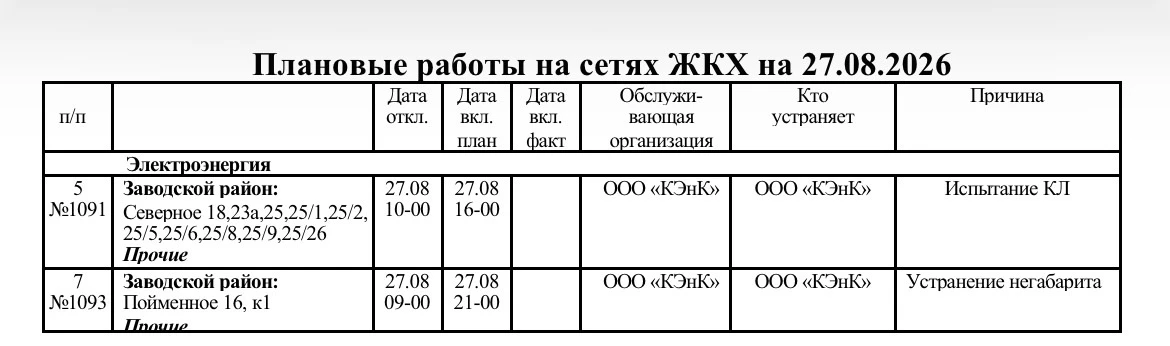 📣 Плановые работы на сетях по Заводскому району.
