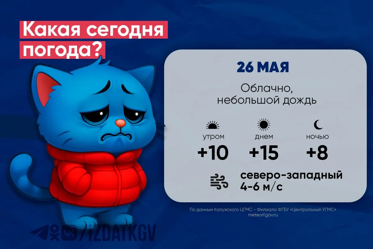 🌧 Доброе утро, калужане! Погода на утро и день 26 мая, а также в ночь с 26 на 27 мая  Хорошего дня! 