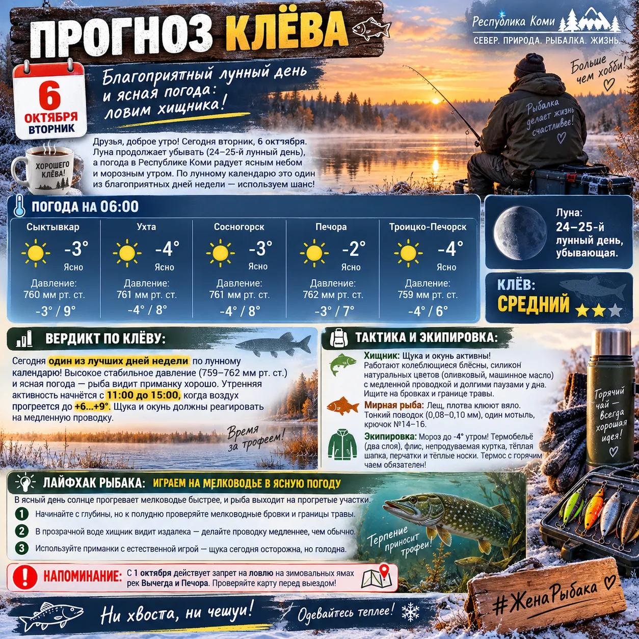 🎣 ПРОГНОЗ КЛЁВА: 6 октября (Вторник)