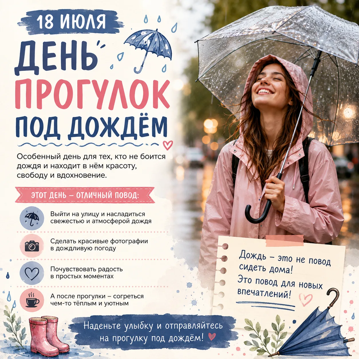 🌟А вы знали, что 18 июля — Всемирный день прогулок под дождём? ☔️

Вот такой необычный праздник! До