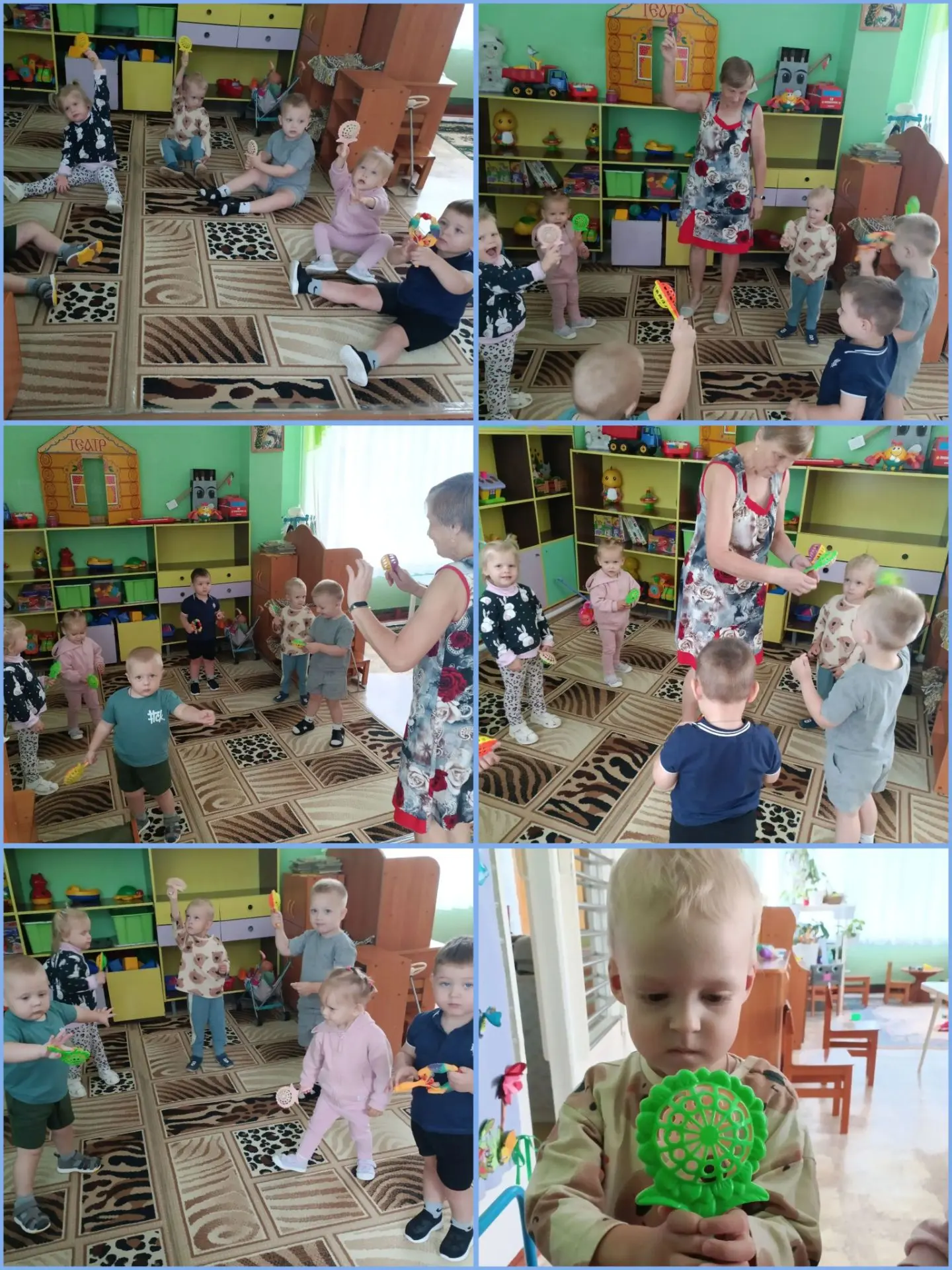 Побежали малыши,👶 держат погремушки,