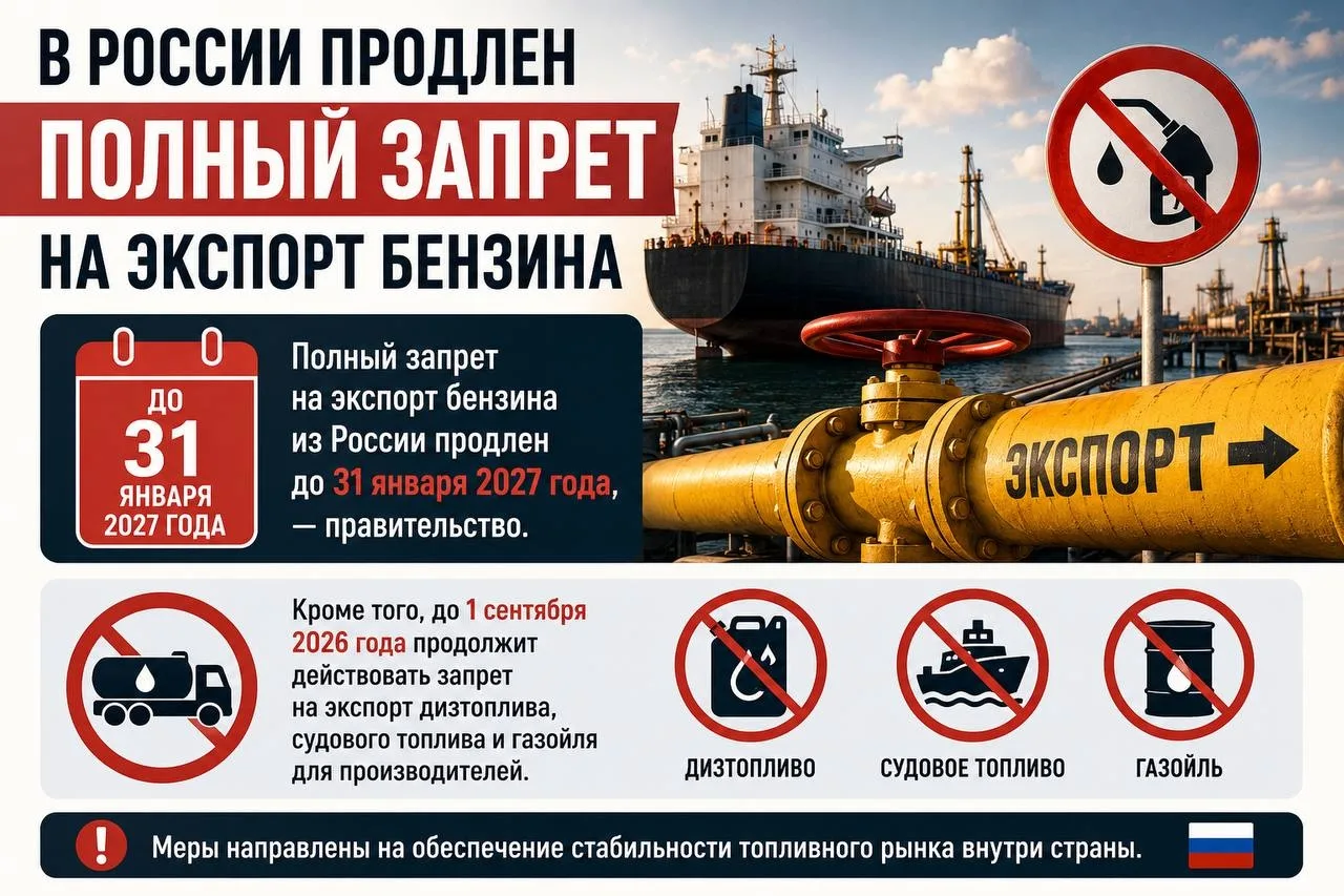 Полный запрет на экспорт бензина из России продлен до 31 января 2027 года, — правительство. 

Кроме 