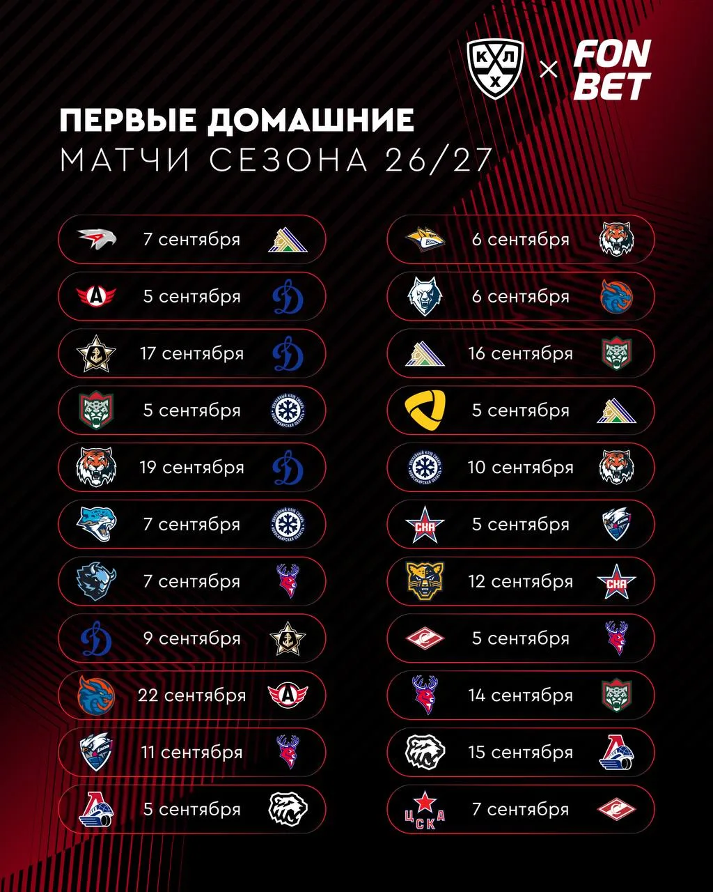 ⚡️⚡️ КХЛ опубликовала первые домашние матчи каждого клуба 

А полный календарь FONBET Чемпионата КХЛ