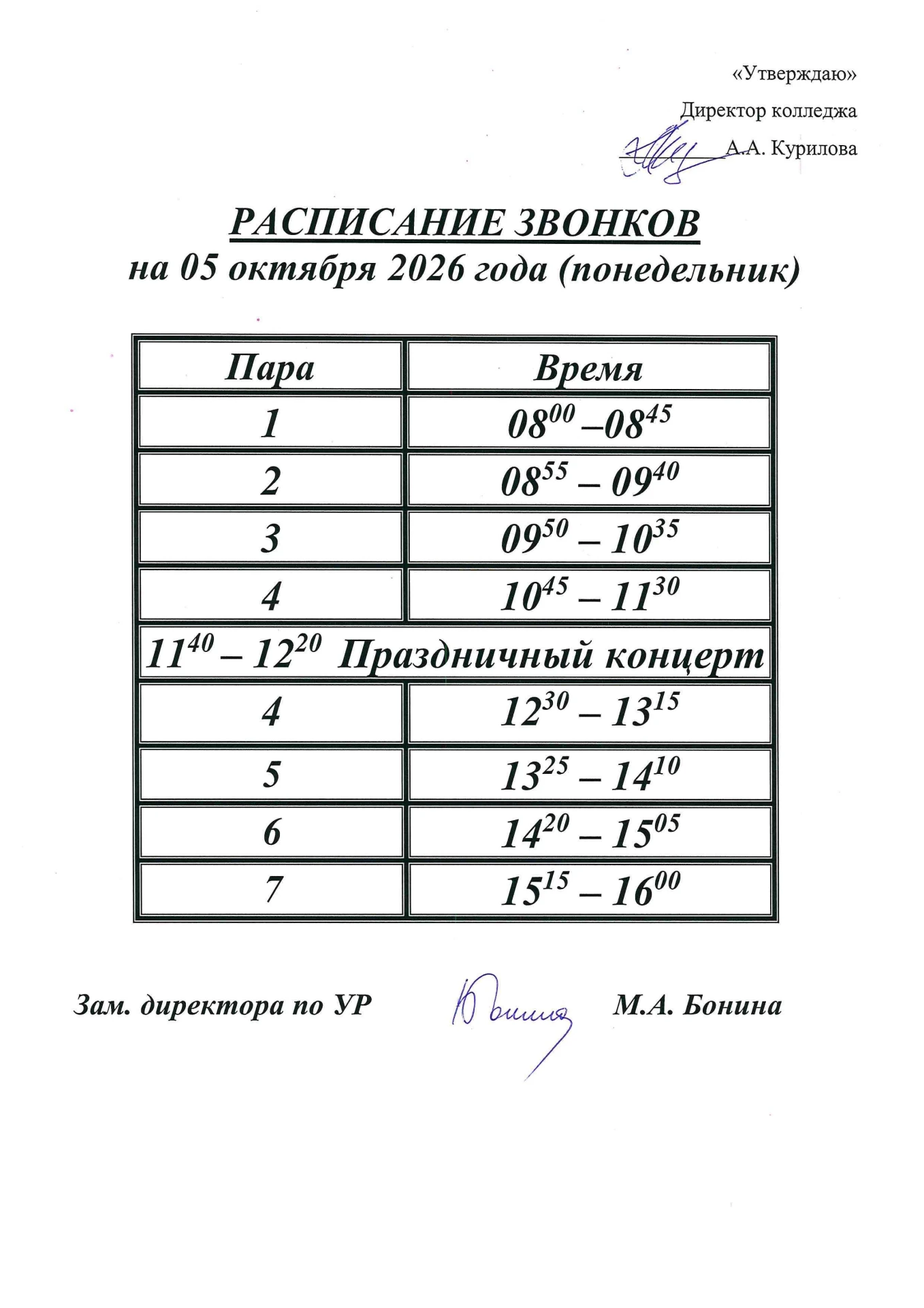 Расписание звонков