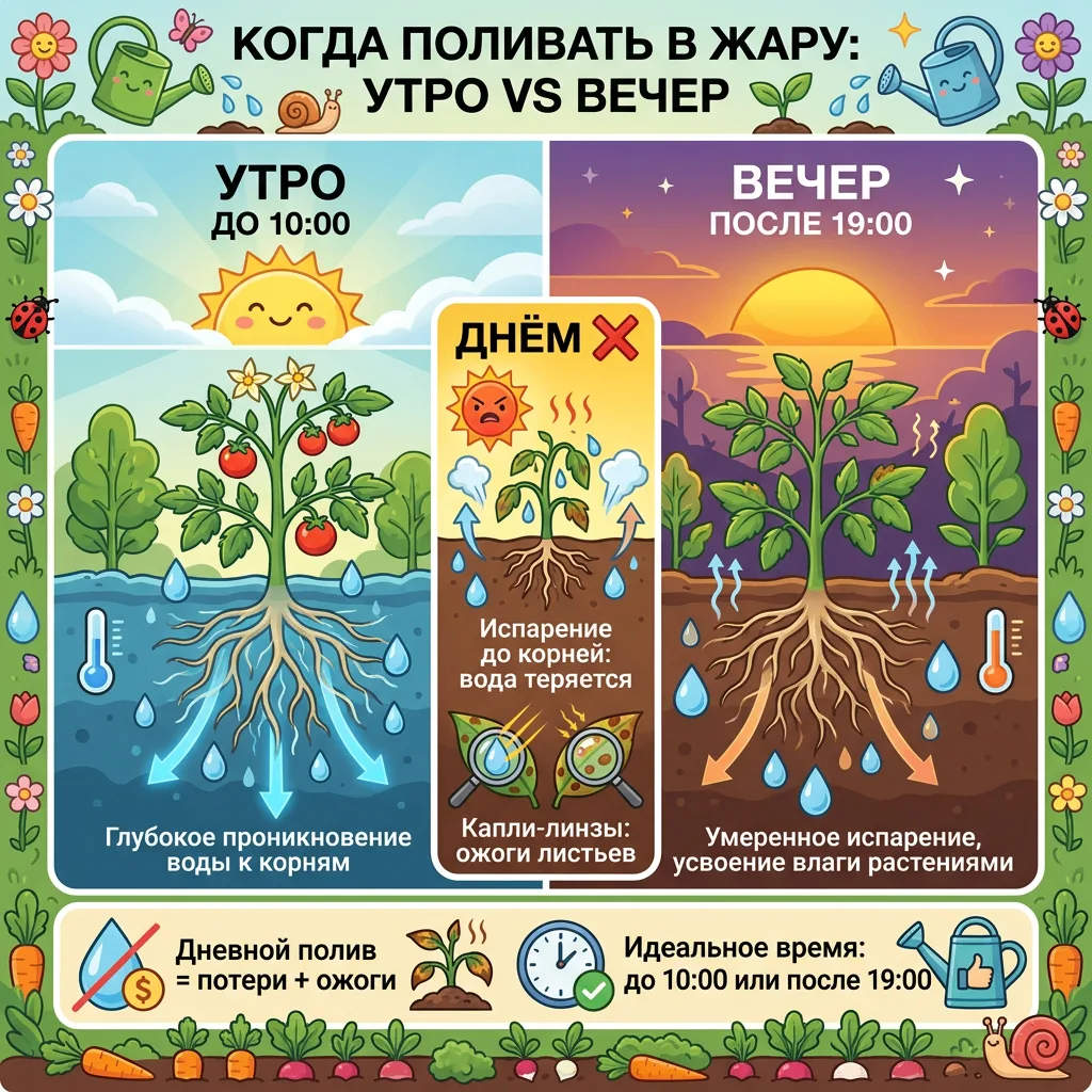 Когда лучше поливать в жару: утро vs вечер
☀️ Главное окно для полива в жару: до 10 утра и после 19 