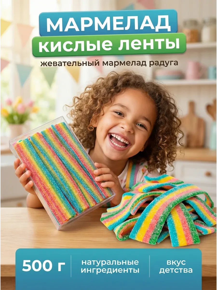 ⚡️ Мармелад кислый жевательный ленты радуга 500 г, Candy World