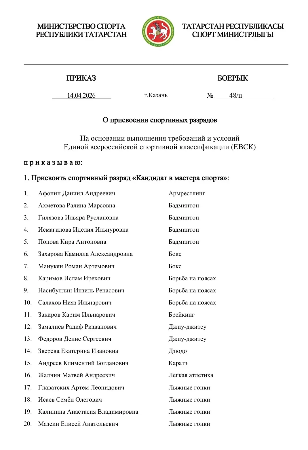 Приказом Министерства спорта Республики Татарстан №48/н от 14.04.2026 г. "О присвоении ...