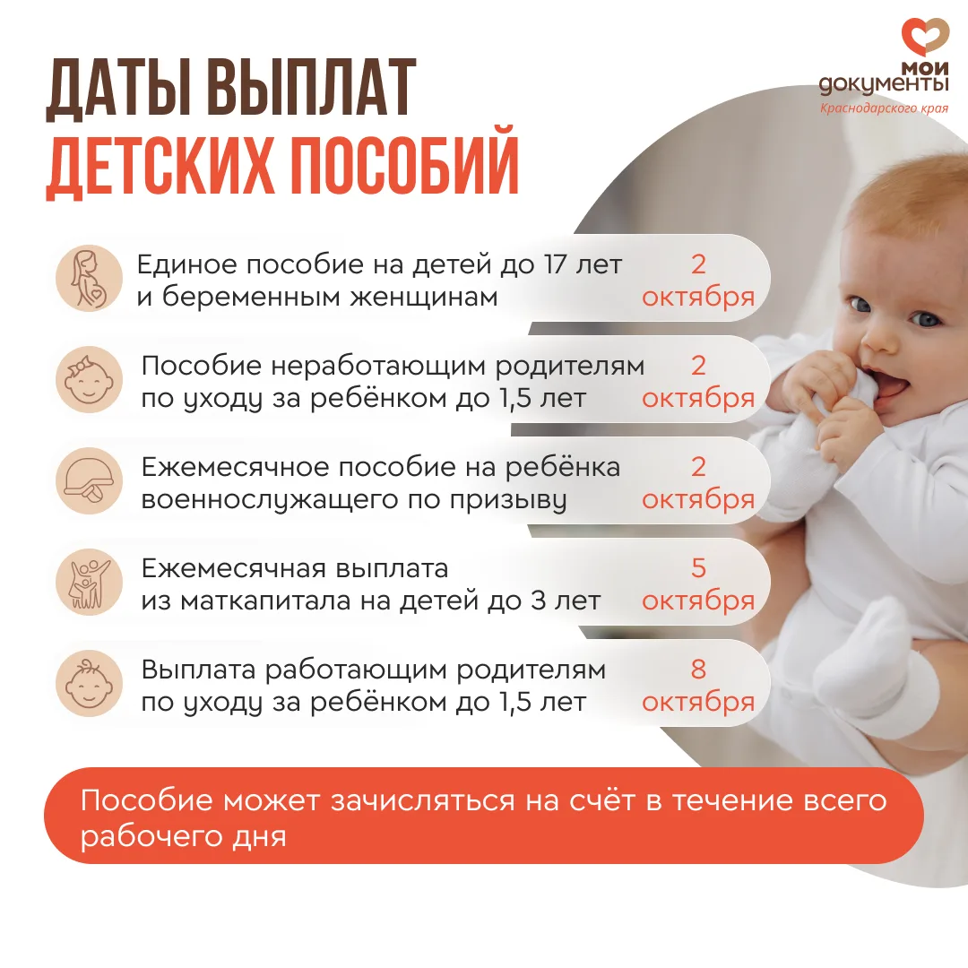 ✅ 2, 5 и 8 октября будут зачислены выплаты семьям с детьми.
