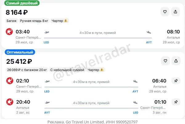 Санкт-Петербург — Анталья от 8200₽ в одну сторону, вылет в среду, рейсы прямые, с багажом