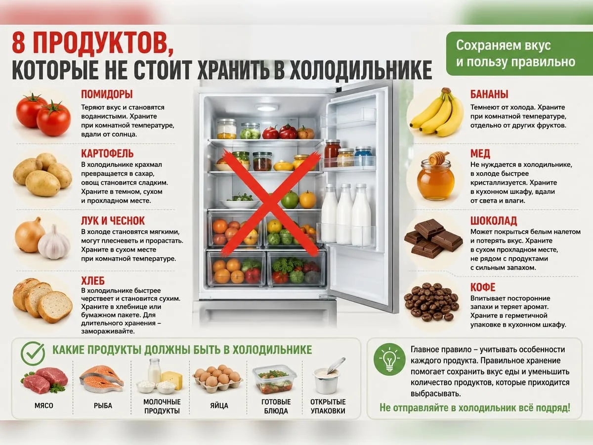 Что нельзя хранить в холодильнике: продукты, которые быстрее портятся от холода

ПОДРОБНОСТИ https:/