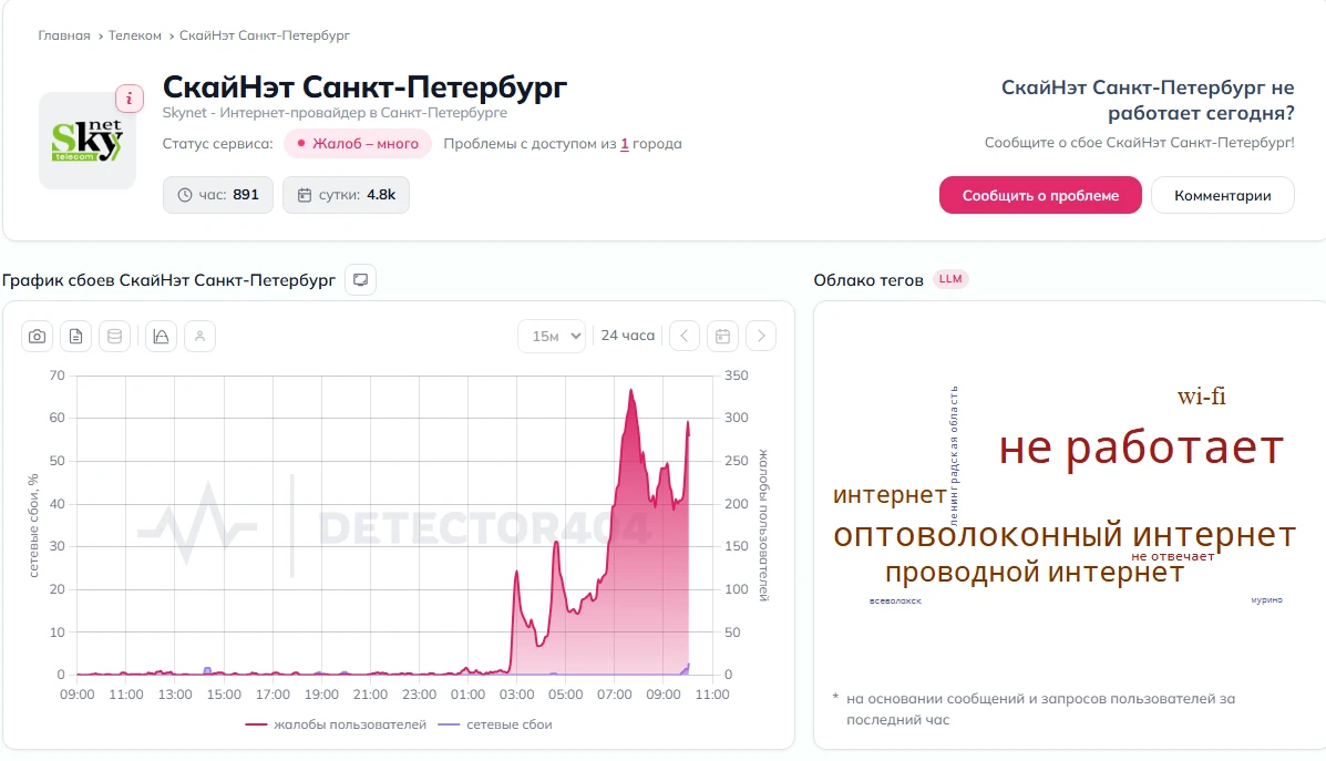 Петербуржцы и жители Ленобласти пожаловались на массовый сбой у провайдера SkyNet