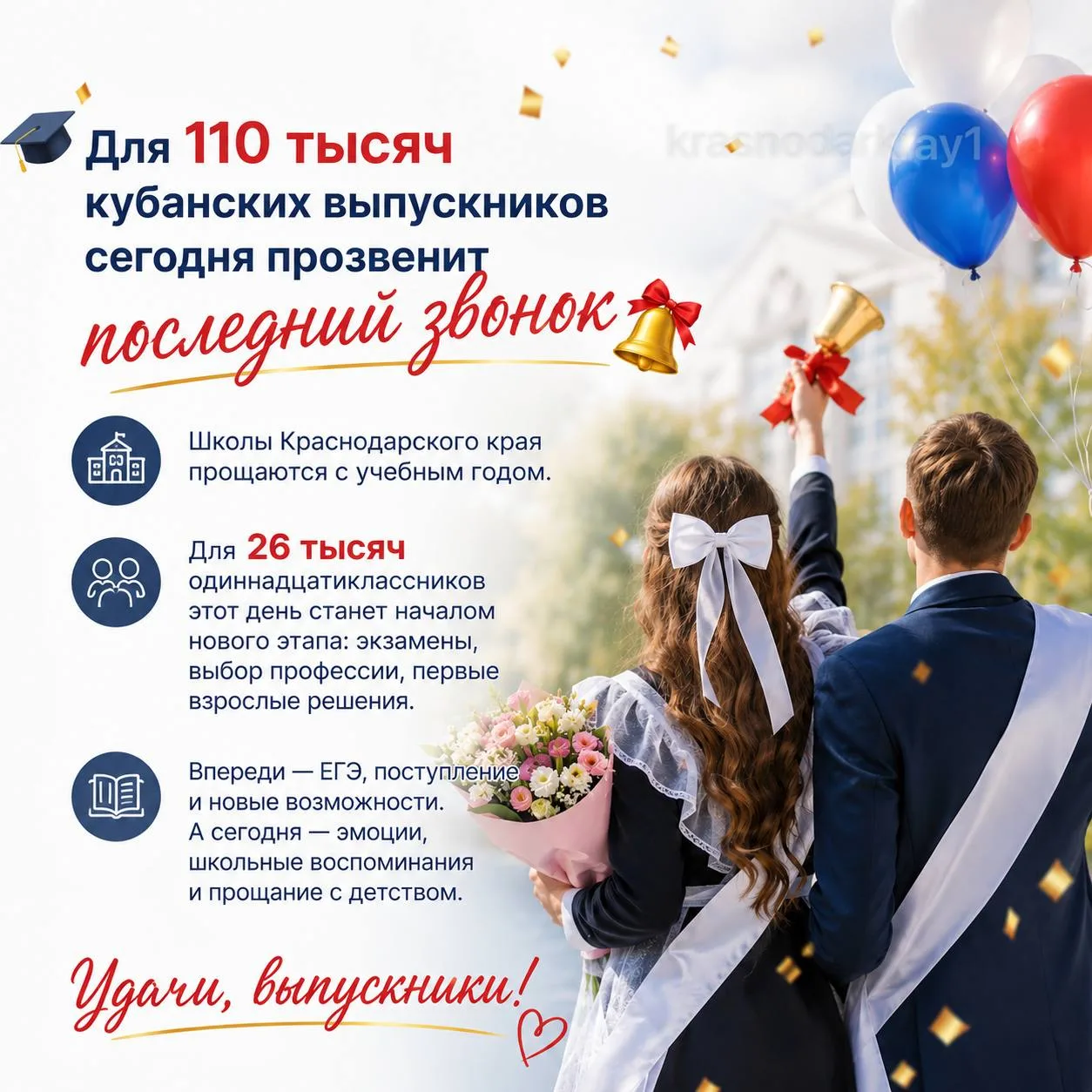 Для 110 тысяч выпускников Краснодарского края сегодня прозвенит последний звонок 🔔  Школы Краснодарс